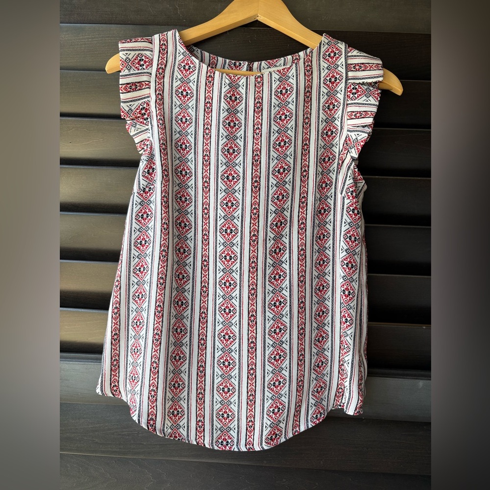 Monteau Women’s Small Blouse Ruffle Sleeves Geometric Pattern Red White